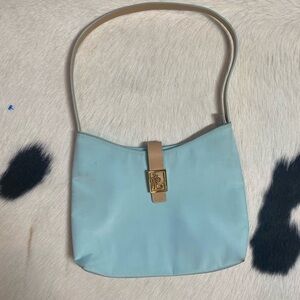 Lauren Ralph Lauren Turquoise Nylon Tan Leather Shoulder Handbag